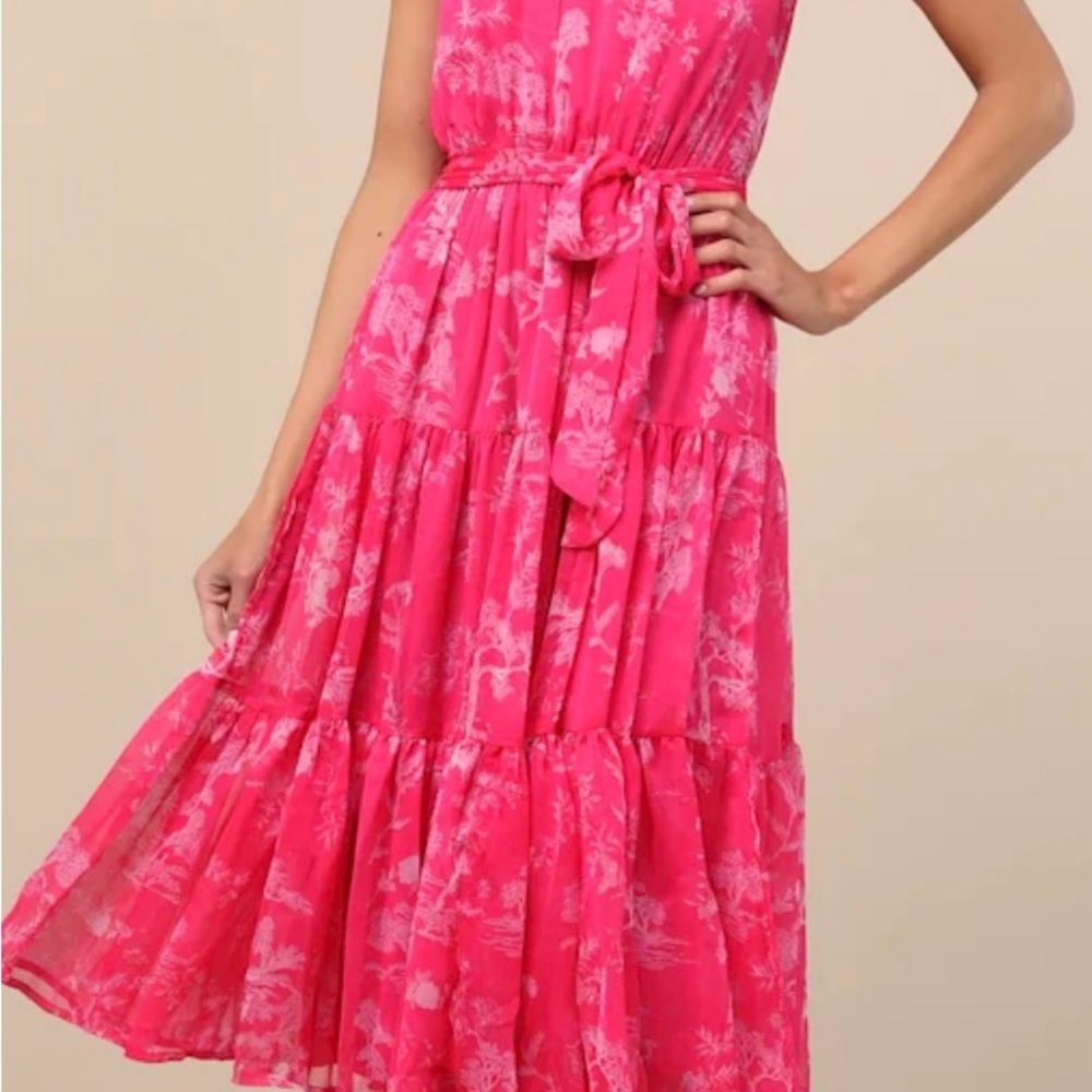 Lulus Float to You Hot Pink Floral Print Halter-Neck Tiered Midi Dress S Wedding - Picture 7 of 10